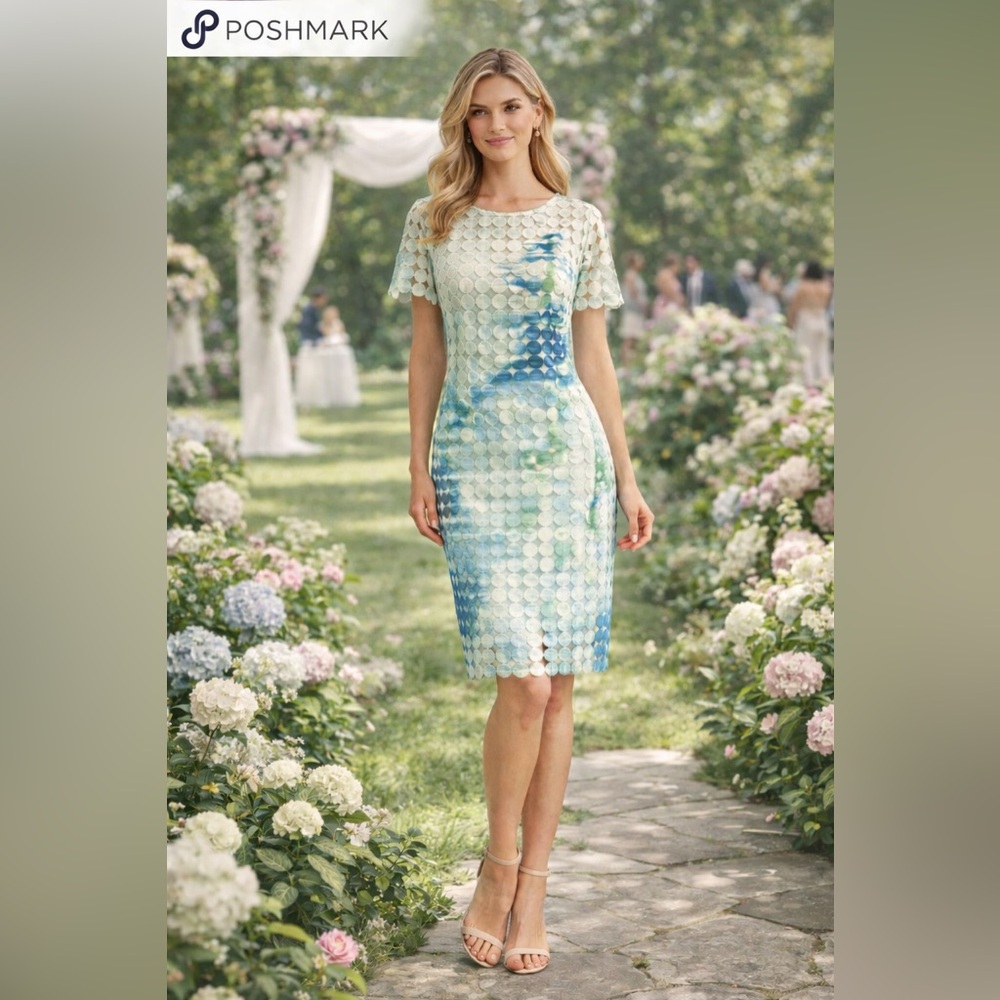 Julia Jordan, Aqua Blue Green,Circle Lace Overlay Sheath Dress Wedding, l